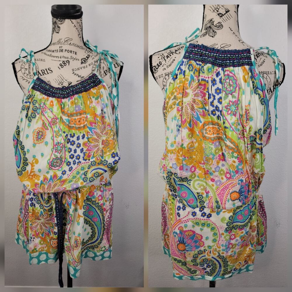 Derhy Mini Dress Sz Small Tie Waist Bohemian Art Deco Colorful Summer Sleeveless